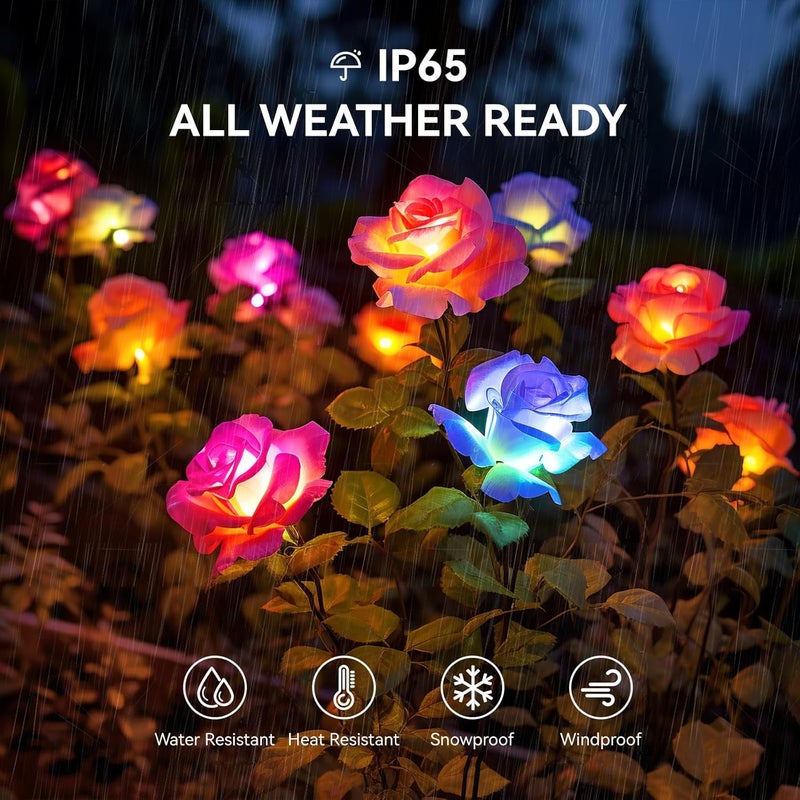 WdtPro Solar Garden Lights Outdoor, 4 Pack Solar Light Outdoor with 20 Rose Flowers, Waterproof 7 Color Changing Solar Powered Flowers Lights for Outside Patio Yard Pathway - Image 3